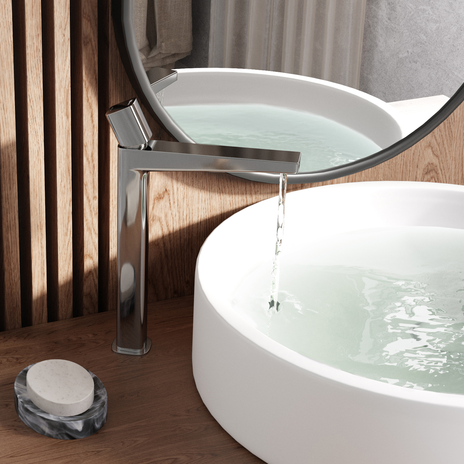 Смеситель для раковины Wasserkraft Naab 8600 — хромированный излив на фоне деревянных реек и зеркала