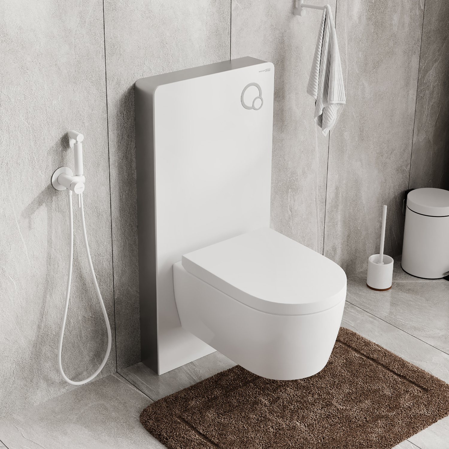 Инсталляция Wasserkraft Naab 86 для унитаза — белый сантехнический блок на серой стене