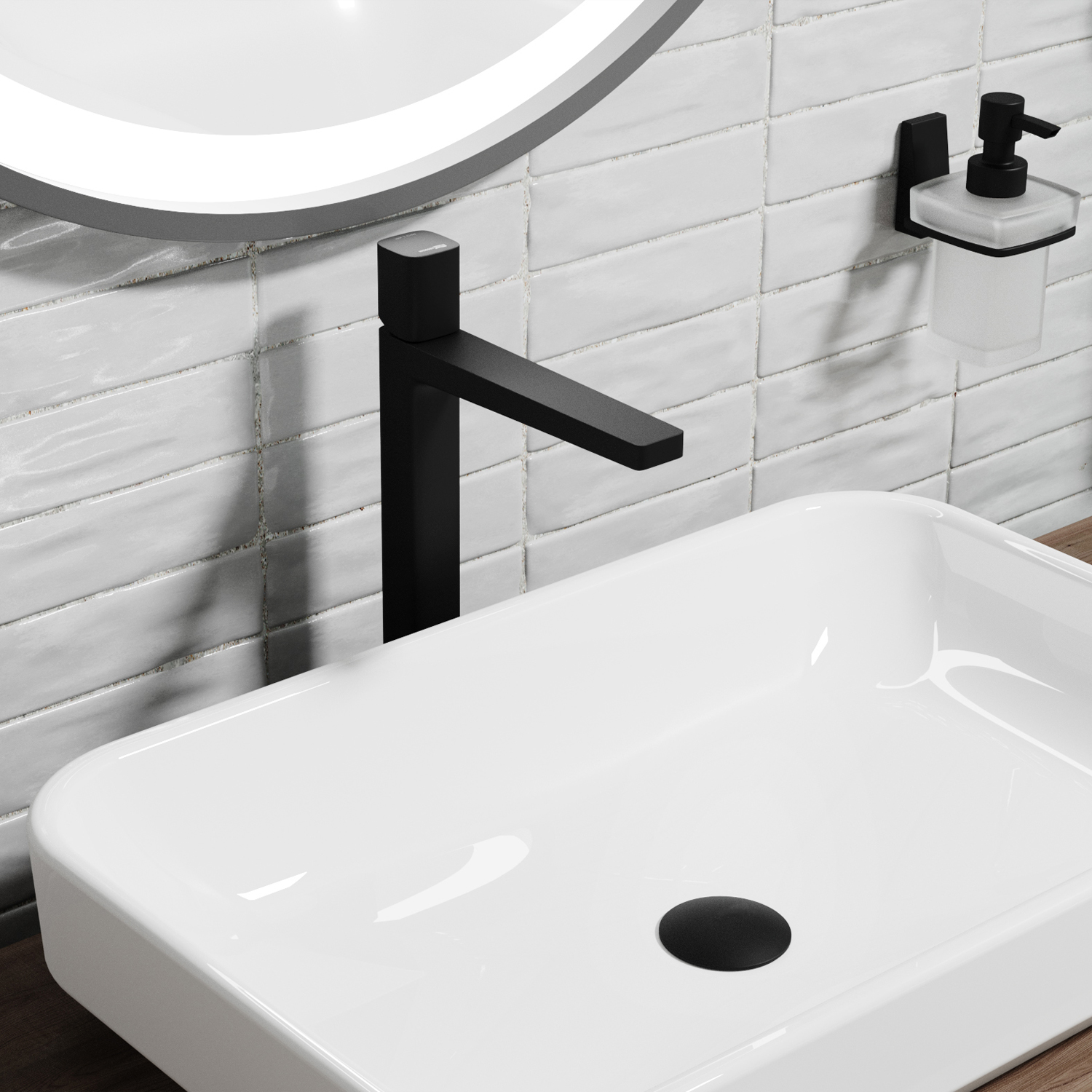 Смеситель для раковины Wasserkraft Nuthe 9100 — черный смеситель на фоне белой плитки