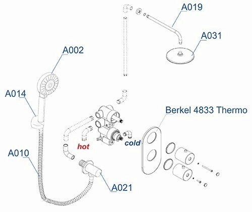 Душевая система Wasserkraft Berkel с термостатом, с изливом и верхним душем — схема монтажа с деталями