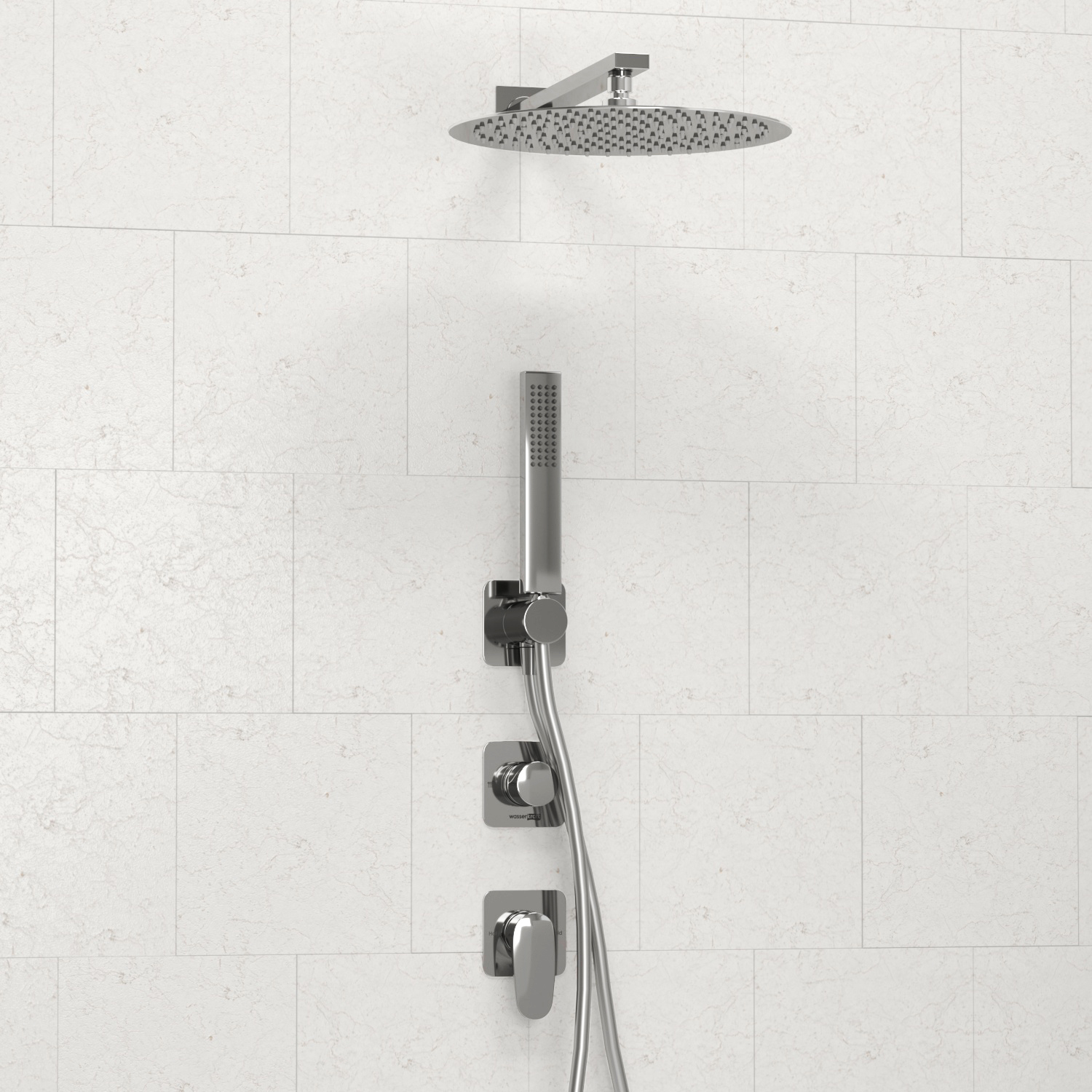 Душевая система Wasserkraft Weida 3100 с тропическим душем + лейка — на белой плитке в ванной