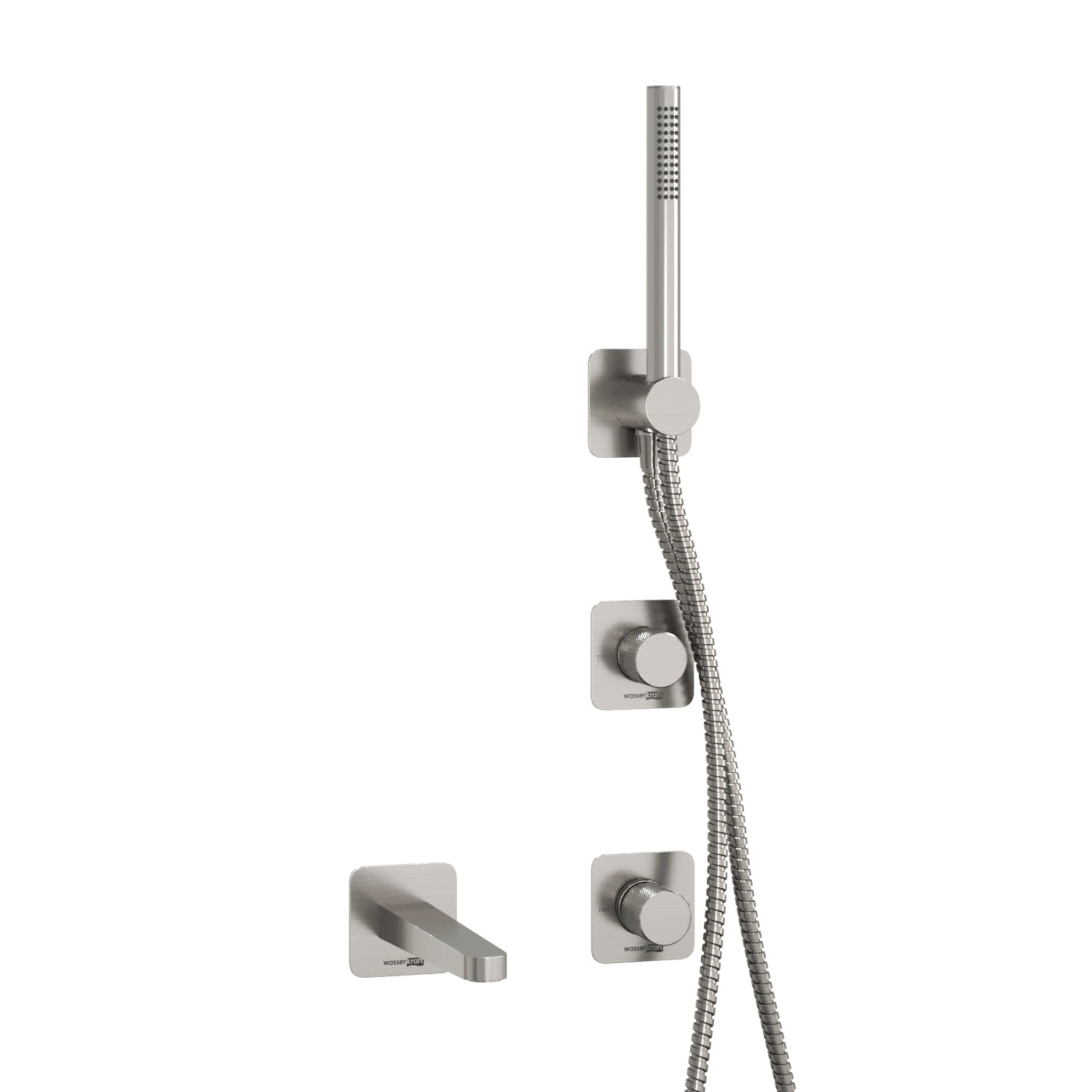 Встроенный смеситель для ванны и душа Wasserkraft Tauber 6400 с изливом, лейкой и шлангом — комплект с лейкой и ручками вид спереди