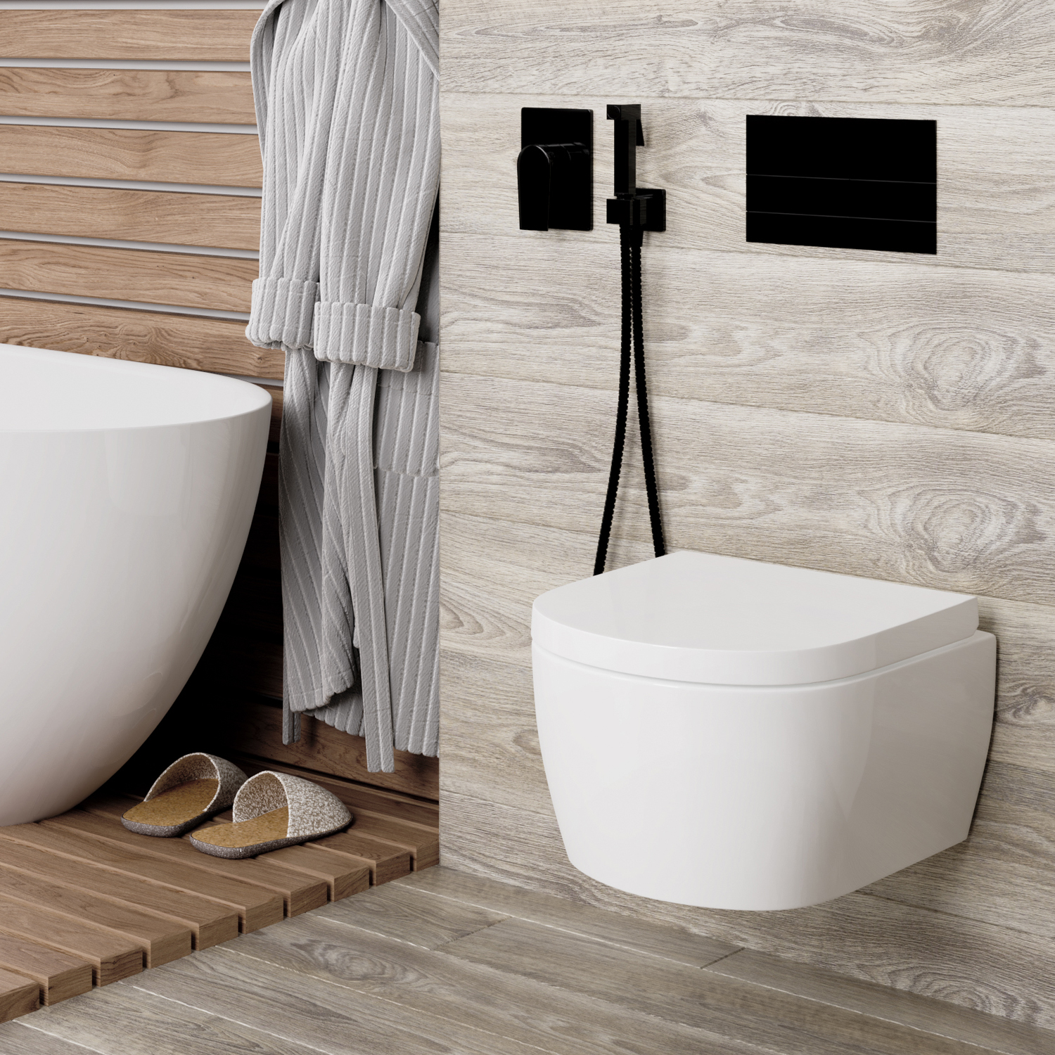 Гигиенический душ Wasserkraft Glan 6600 со смесителем и шлангом, встраиваемый — у светлой деревянной стены с белым унитазом и халатом
